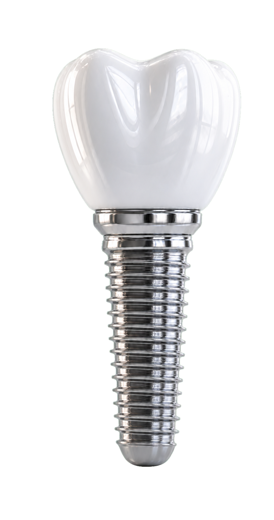 Rendu 3D détouré d'une restauration dentaire sur implant en céramique blanche et titane