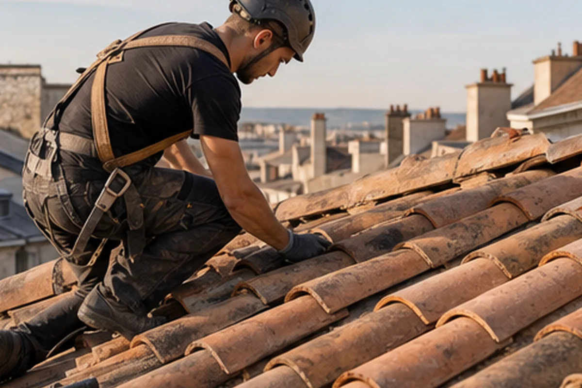 Artisan couvreur travaillant sur une charpente, lumière du matin