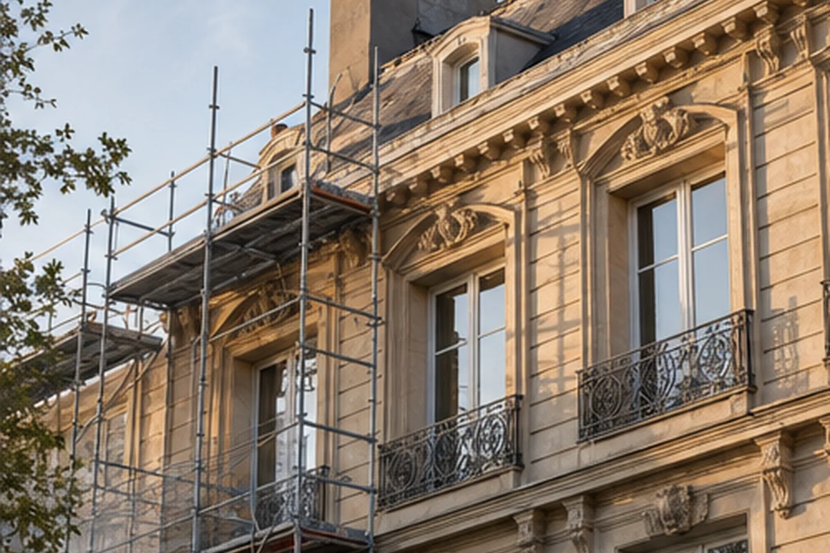 Façade de chantier en cours de rénovation à Lyon, échafaudages au lever du jour