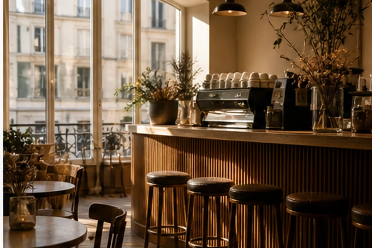 Tasse de café fraîchement servie dans une ambiance chaleureuse