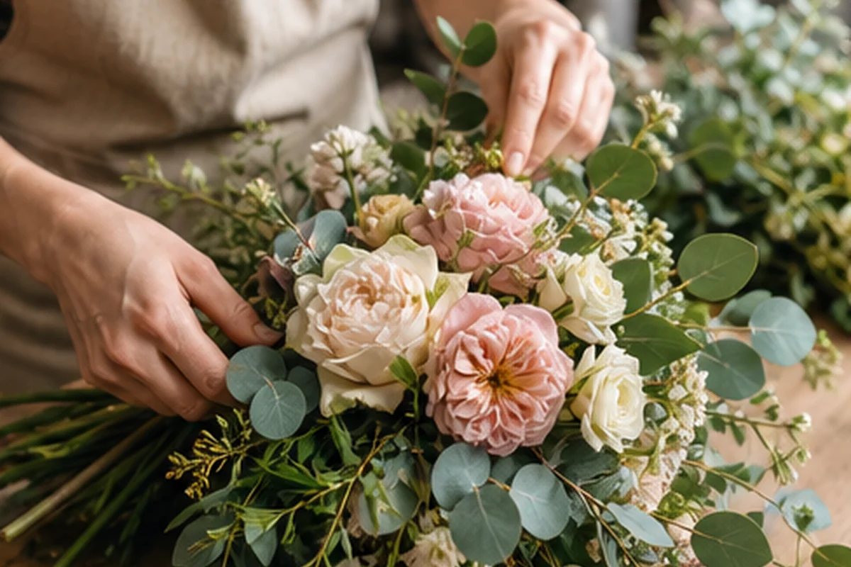 Bouquet de tournesols avec roses et eucalyptus