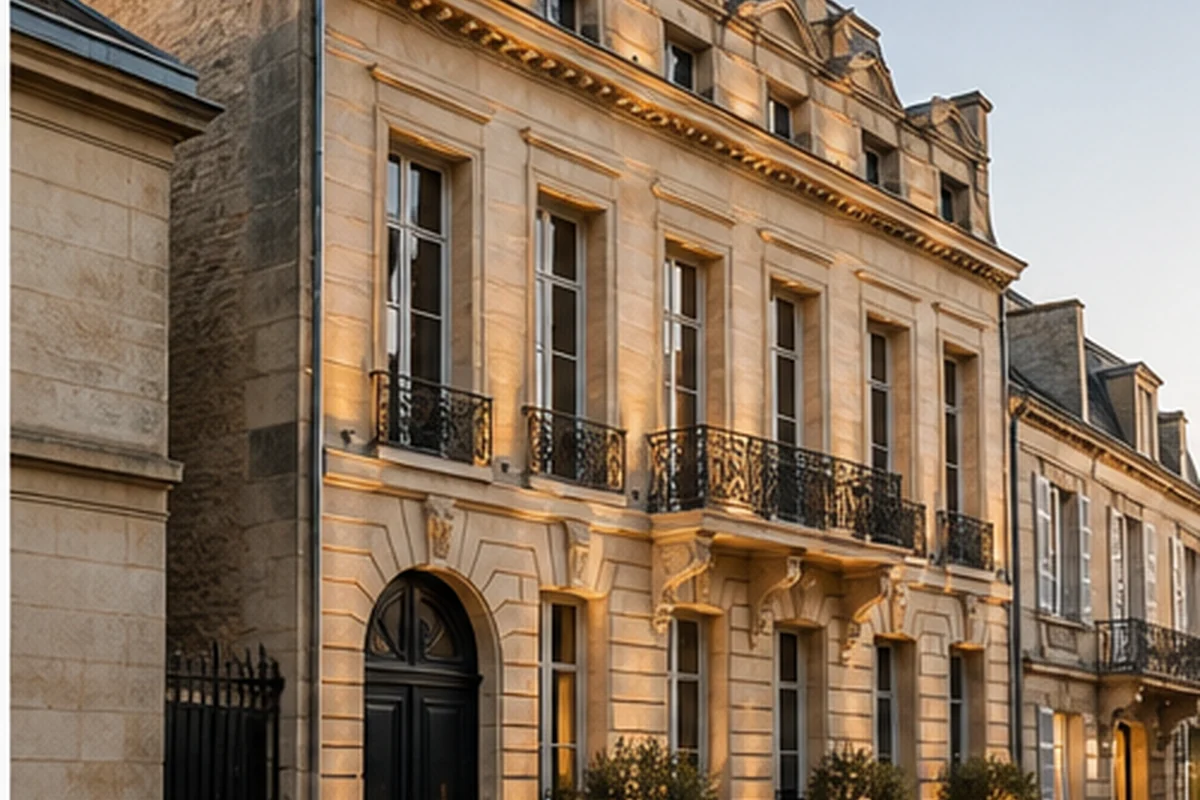 Hôtel particulier à Bordeaux Chartrons, façade en pierre et grandes fenêtres au crépuscule