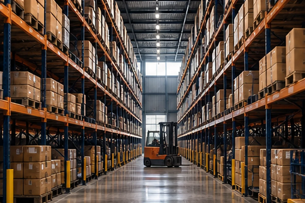 Entrepôt logistique moderne avec rayonnages et préparation de commandes