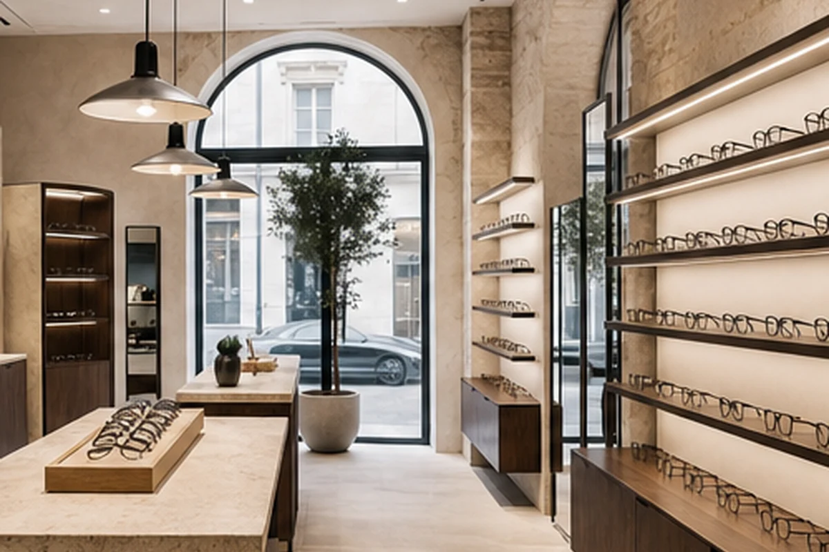 Présentoir d'épingles à cheveux et de montures d'auteur dans un atelier d'opticien à Bordeaux