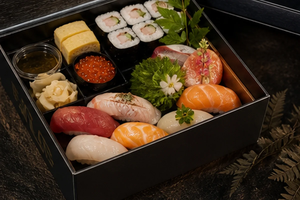 Plateau sushi à emporter dans une boîte bento noire