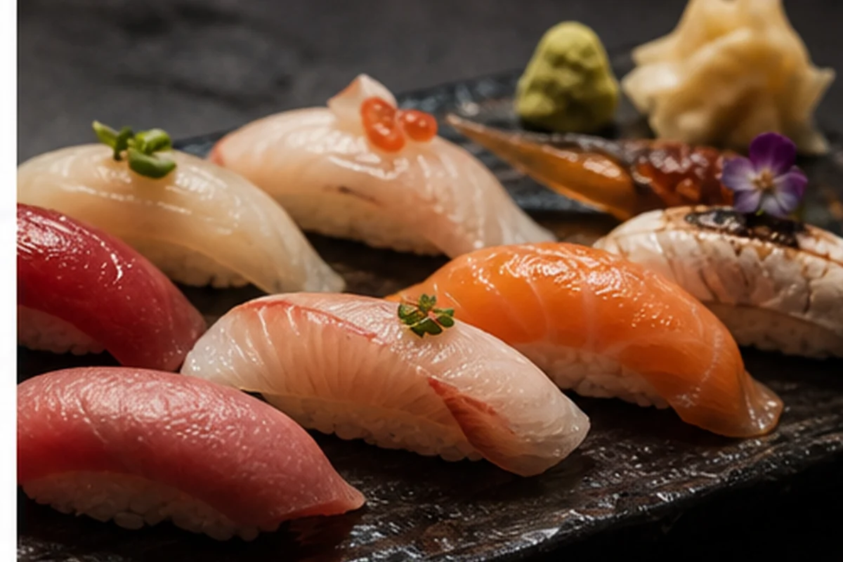 Assortiment de sushi premium dressé sur une ardoise sombre, vue plongeante