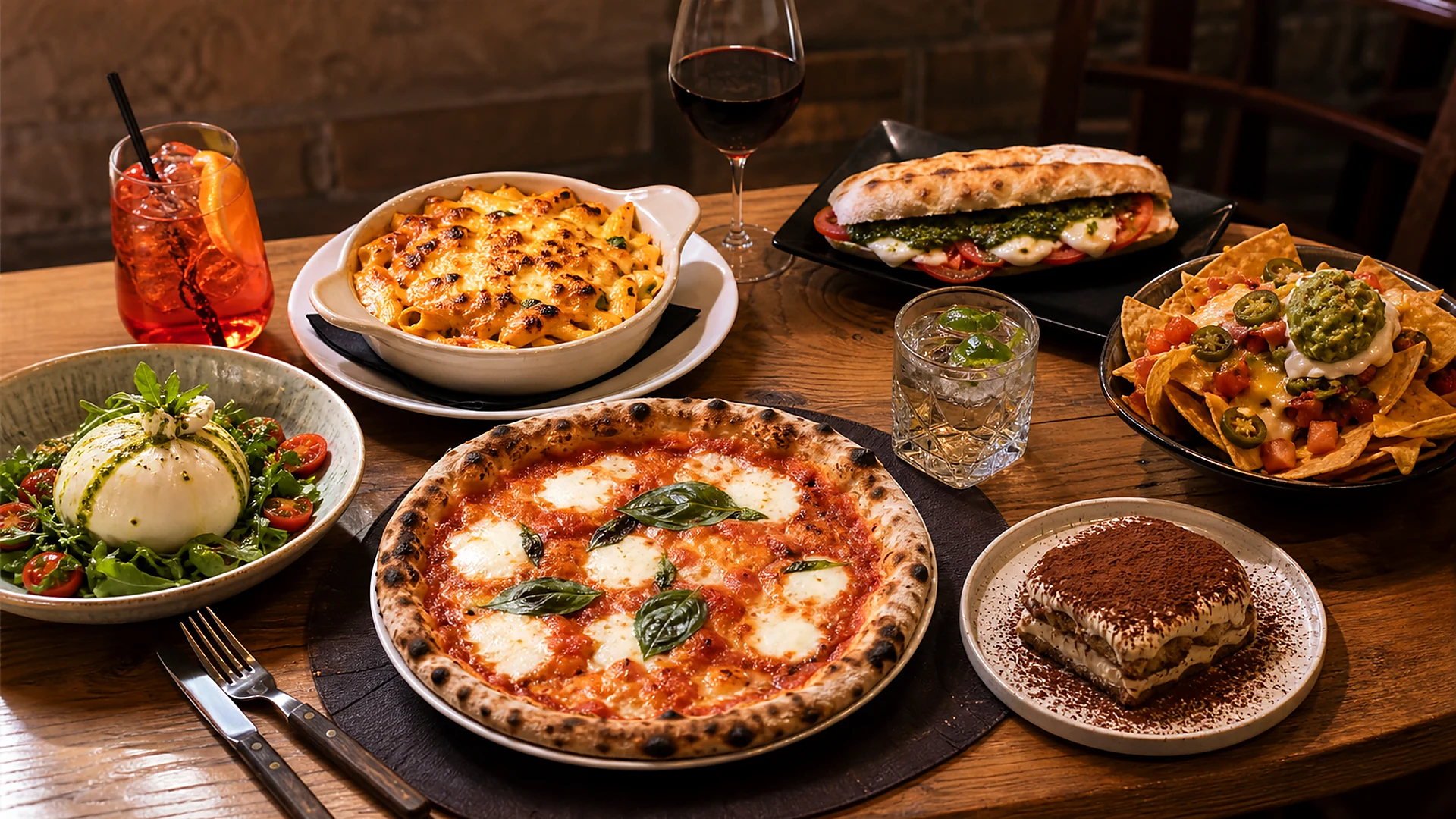 Repas italien LE 55 avec pizza, pâtes, salade, sandwich et dessert