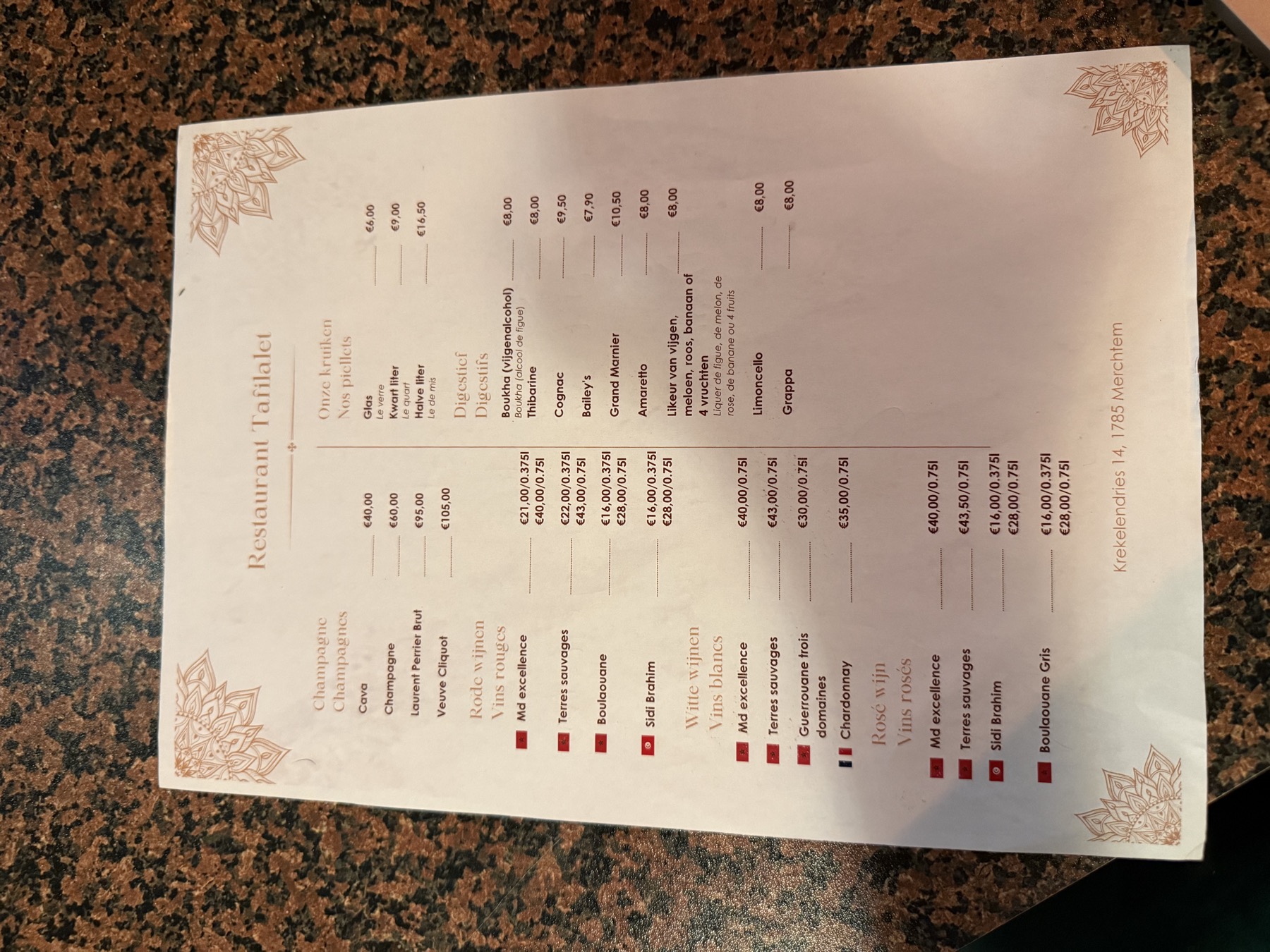 Dranken- en wijnkaart van Restaurant Tafilalet — champagnes, wijnen, digestieven